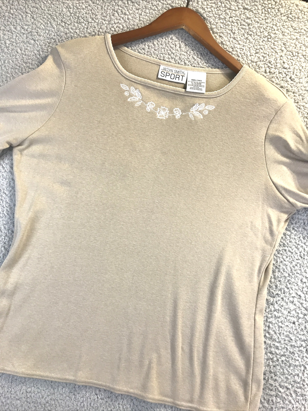 Jaclyn Smith Sport Womens Top Small Cotton Blend Short-Sleeve Beige Embroidered